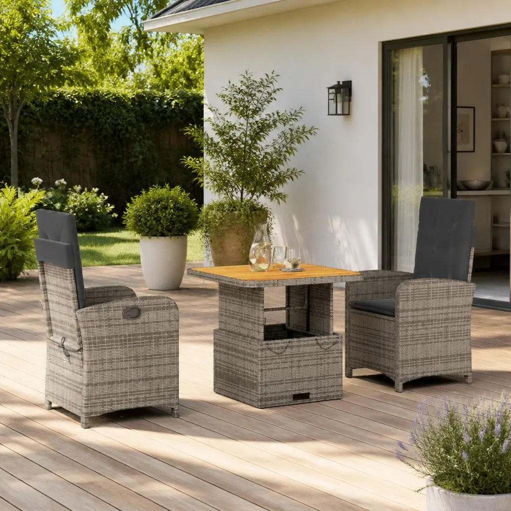 Garden Dining Set 3 Piece Outdoor Furniture Patio Table Chairs Grey Cushions
