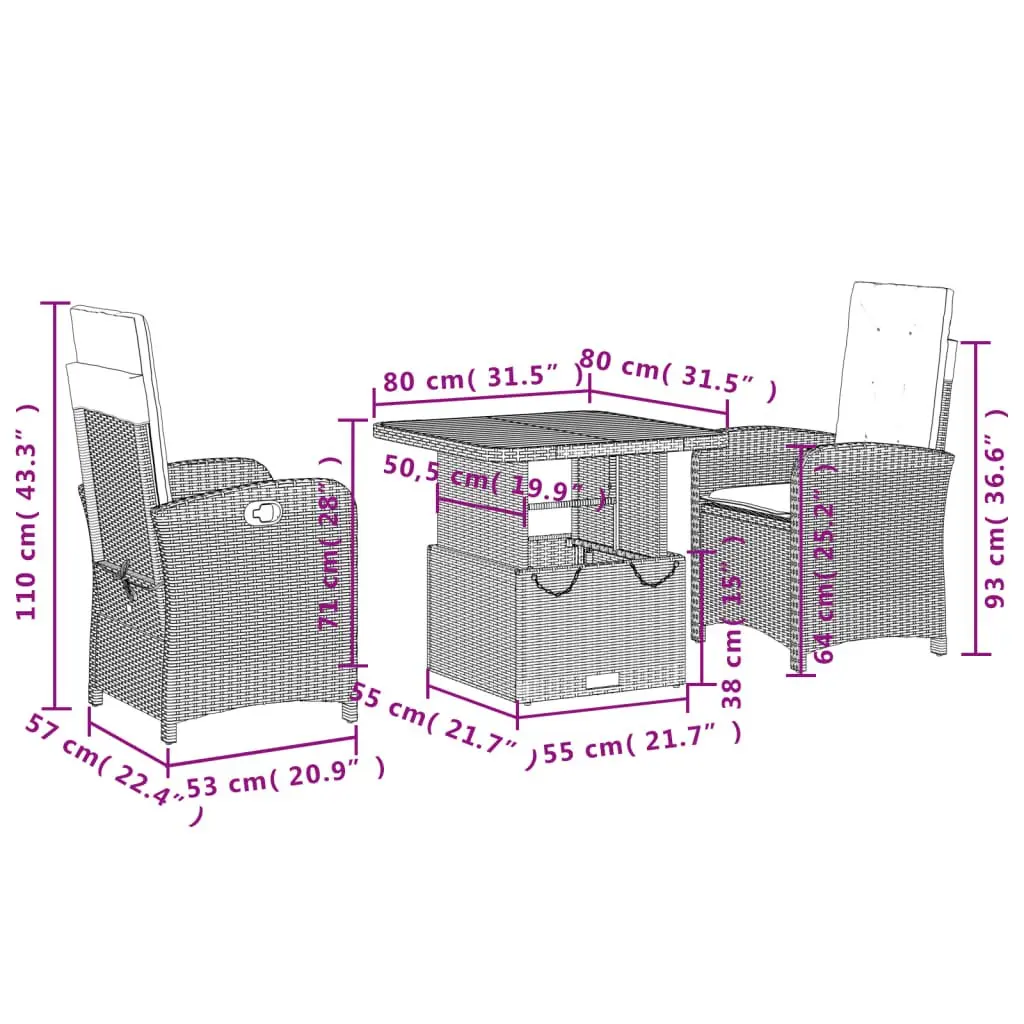 Garden Dining Set 3 Piece Outdoor Furniture Patio Table Chairs Grey Cushions