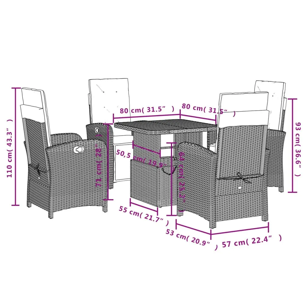 Garden Dining Set Grey 5 Piece Outdoor Furniture Adjustable Cushions