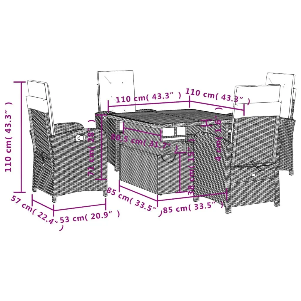 Garden Dining Set Grey 5 Piece Outdoor Furniture with Cushions Adjustable Backrest