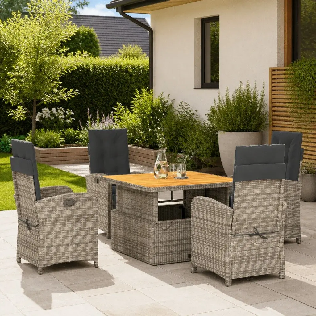 Grey Poly Rattan 5 Piece Garden Dining Set Outdoor Furniture with Cushions