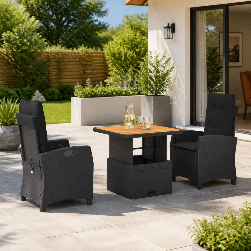 Outdoor Dining Set Black 3 Piece Garden Furniture with Cushions
