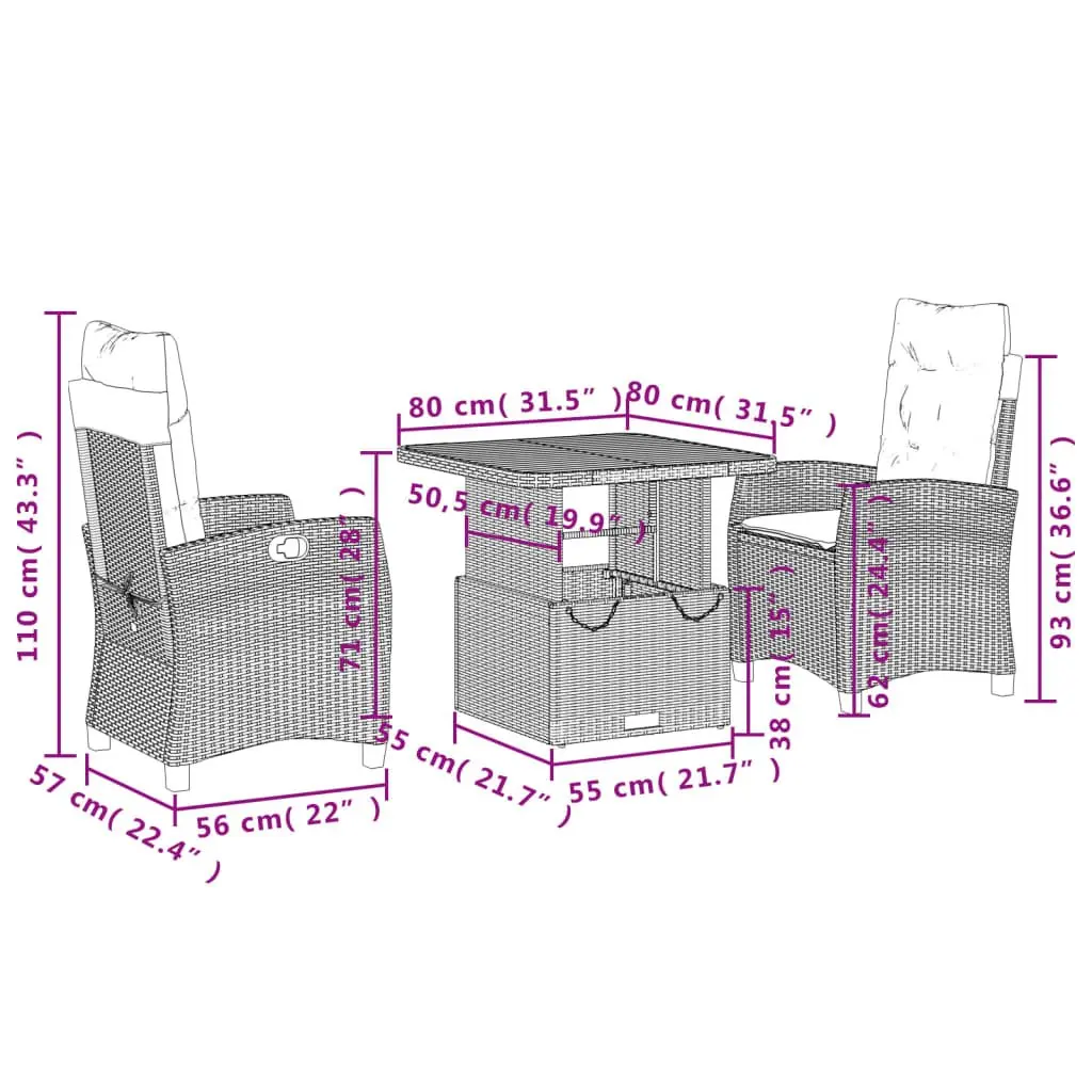 Outdoor Dining Set Black 3 Piece Garden Furniture with Cushions