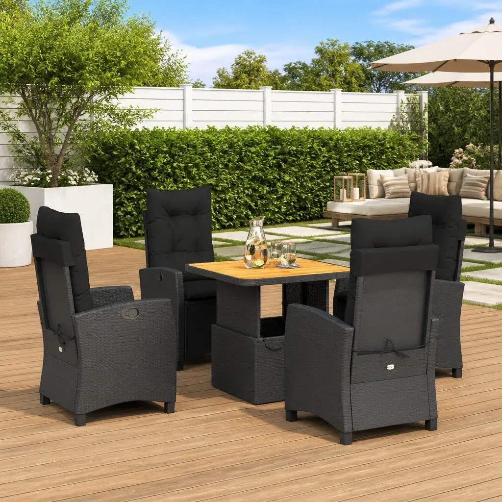 5 Piece Adjustable Backrest Garden Dining Set Black Poly Rattan with Cushions