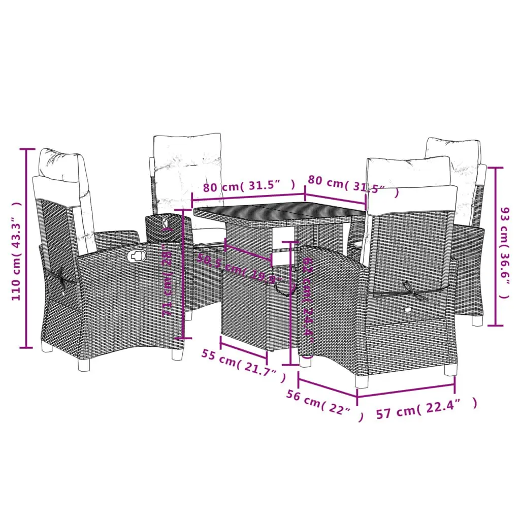 5 Piece Adjustable Backrest Garden Dining Set Black Poly Rattan with Cushions