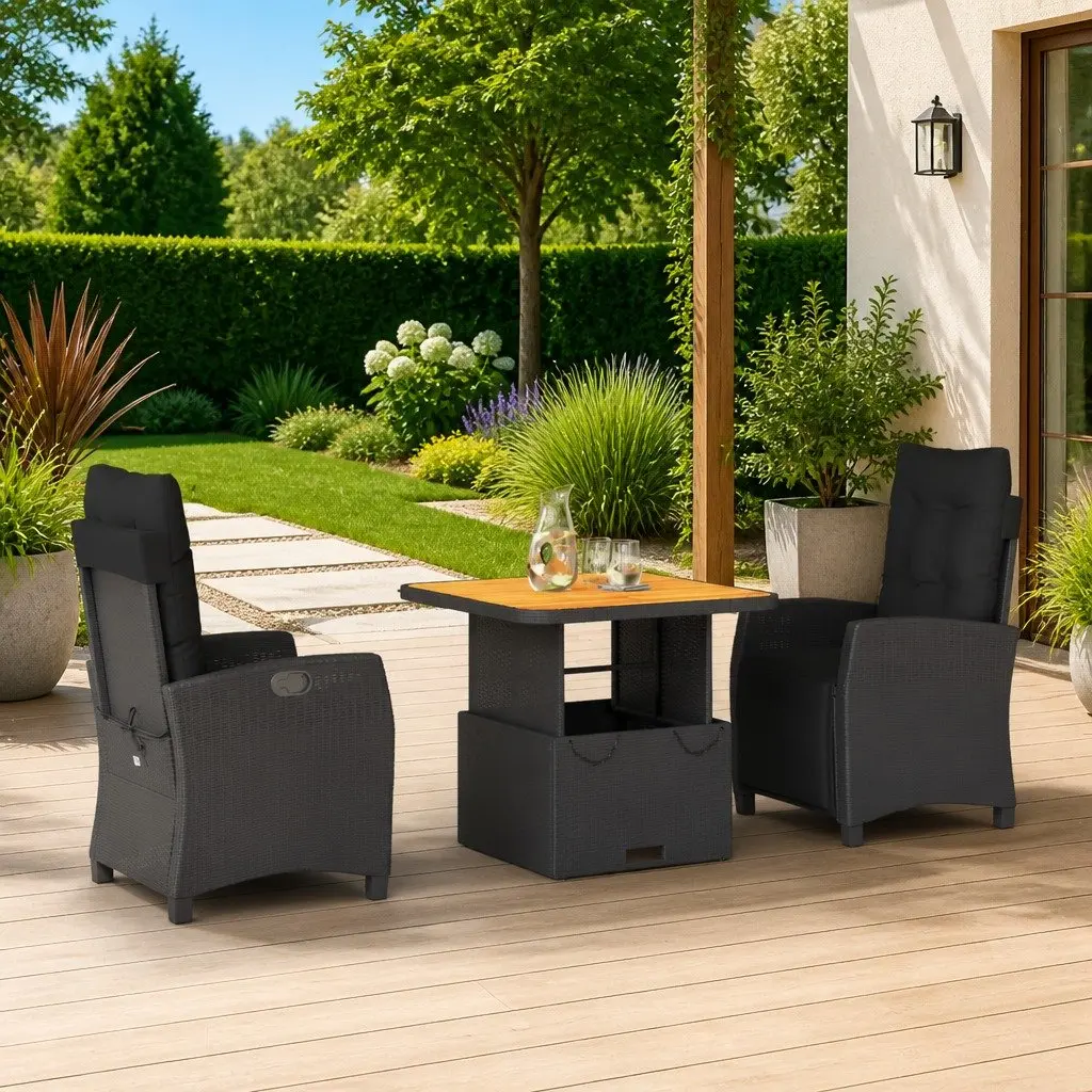 Garden Dining Set 3 Piece Outdoor Furniture Black Poly Rattan Adjustable