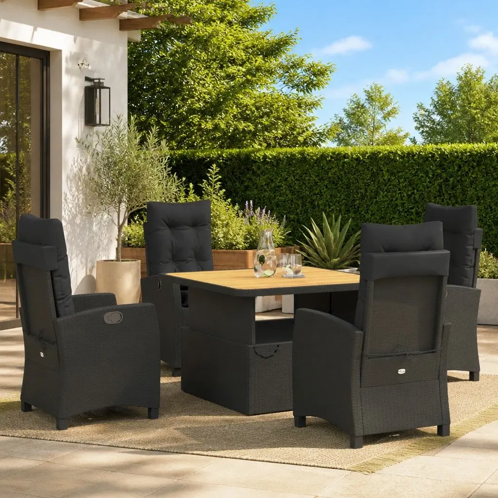 Outdoor Dining Set Black Poly Rattan 5 Piece Adjustable Table with Cushions