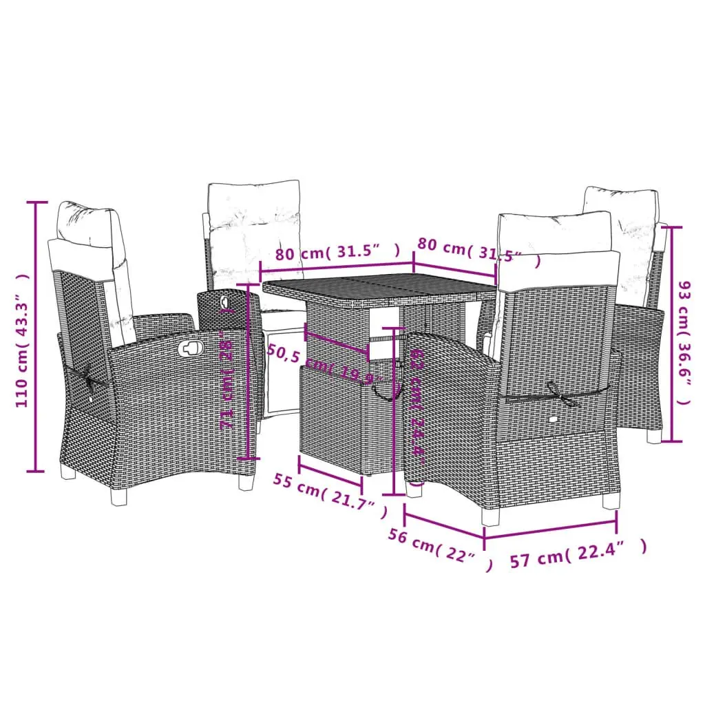 Garden Dining Set Grey 5 Piece Outdoor Furniture Adjustable Backrest Removable Cushions