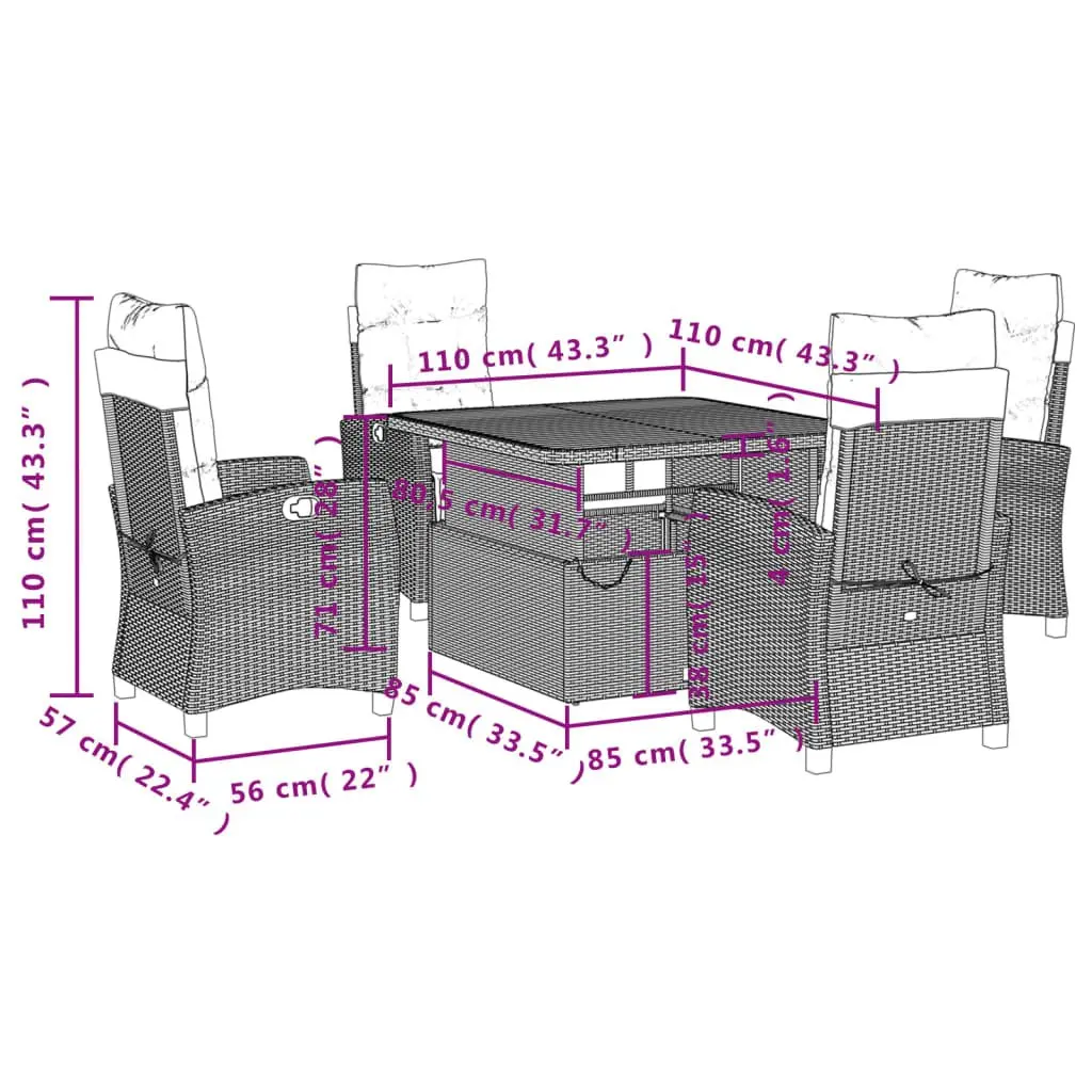 Garden Dining Set 5 Piece Outdoor Furniture with Cushions Grey Patio Rattan