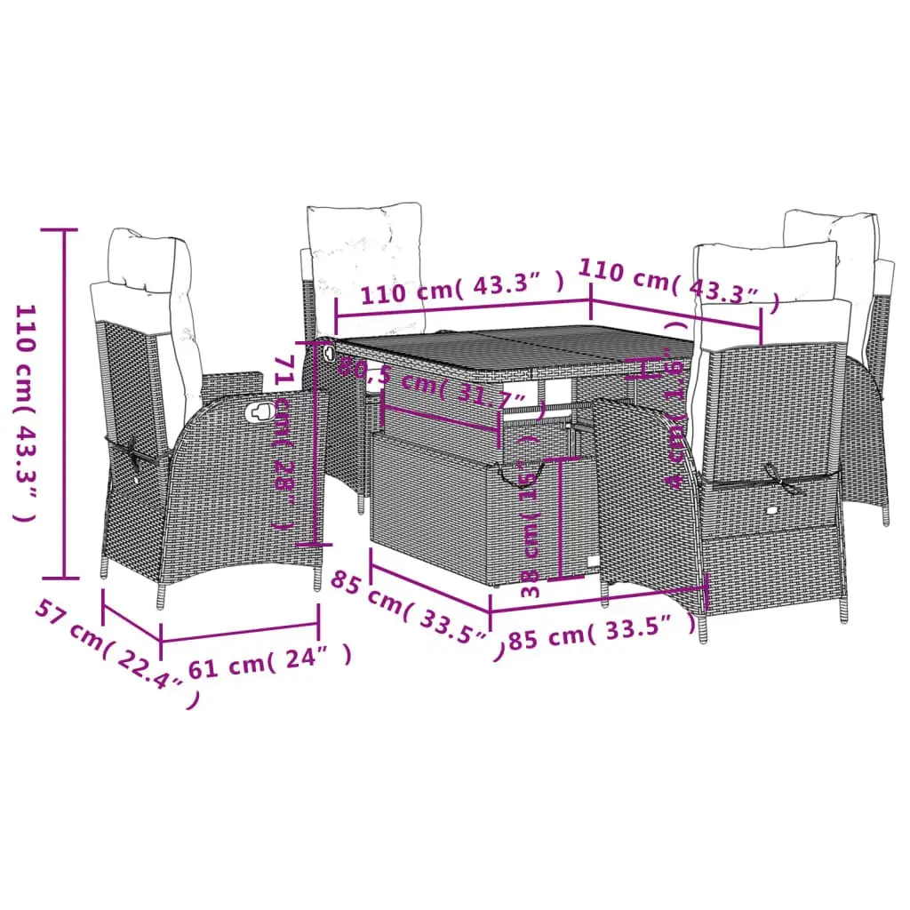 Garden Dining Set 5 Piece Outdoor Furniture Black Poly Rattan with Cushions