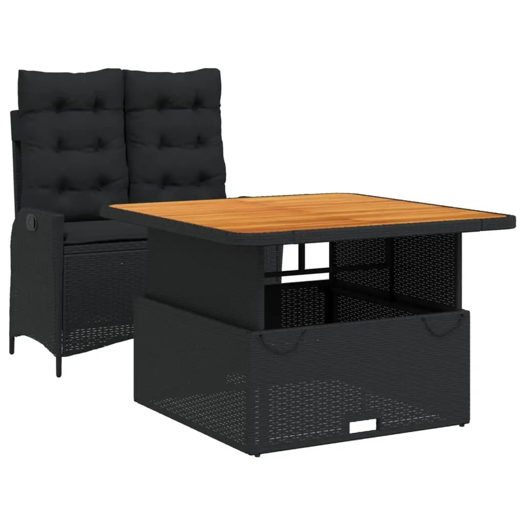 Outdoor Garden Dining Set 2 Piece Black Poly Rattan Chairs Table with Cushions