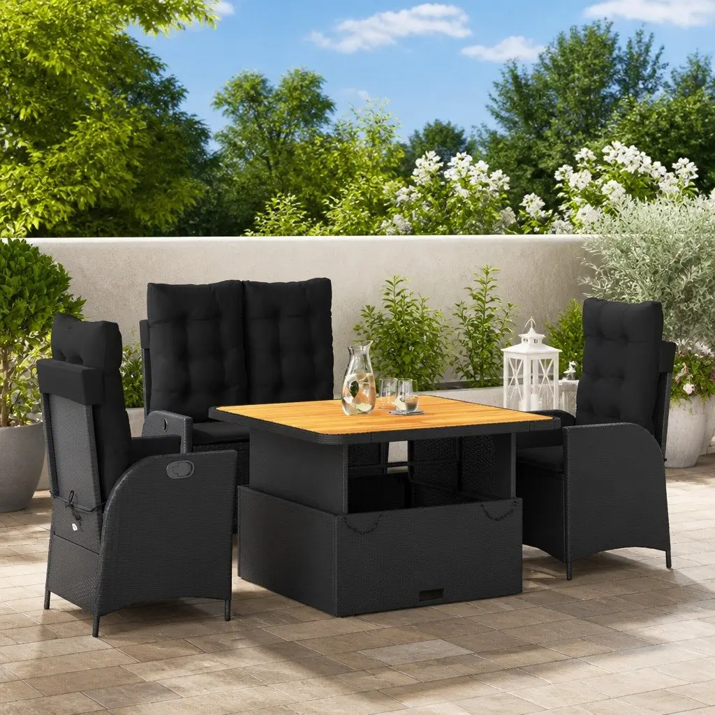 Garden Dining Set Black 4 Piece Outdoor Furniture Adjustable Backrest and Tabletop