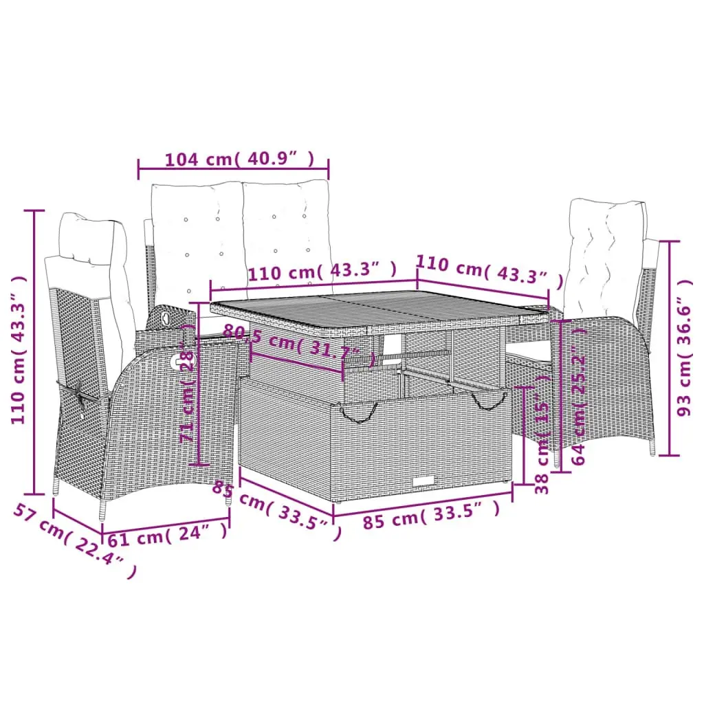 Garden Dining Set Black 4 Piece Outdoor Furniture Adjustable Backrest and Tabletop