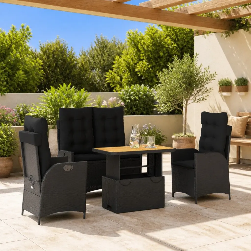 Garden Dining Set Black 4 Piece Outdoor Furniture Adjustable Backrest Lift-Top Table Removable Cushions