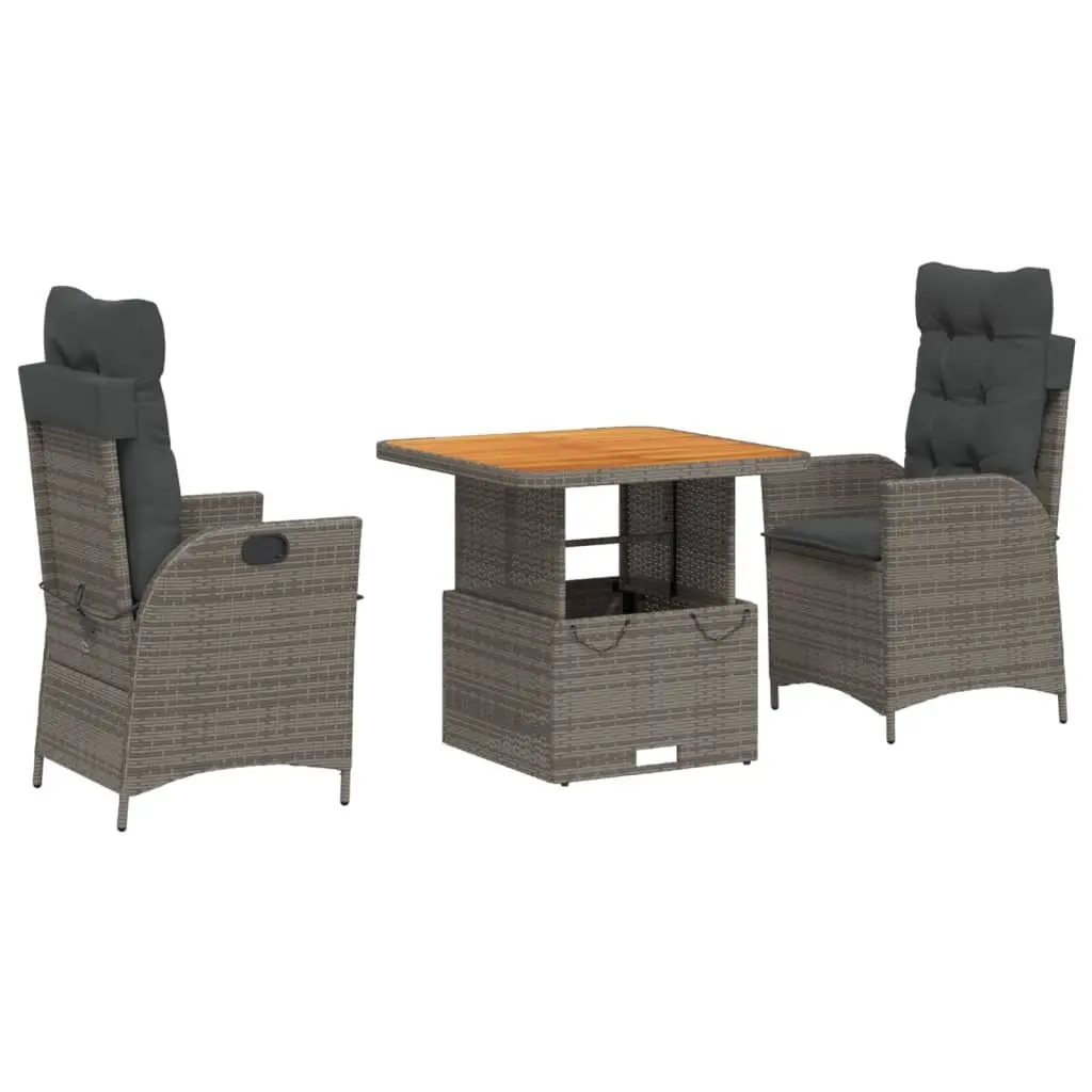 Garden Dining Set 3 Piece Outdoor Furniture Grey Poly Rattan Adjustable Cushions