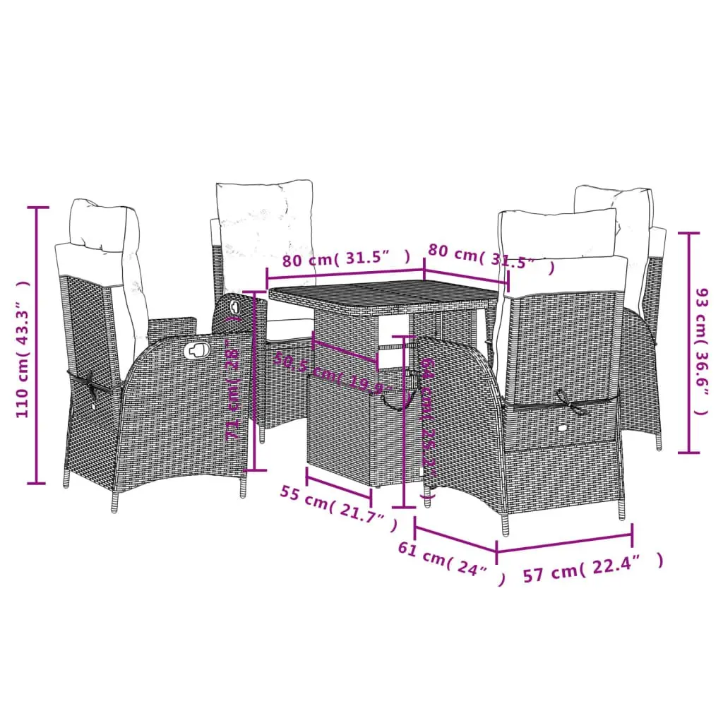 Garden Dining Set 5 Piece Outdoor Furniture Grey Poly Rattan Adjustable Patio