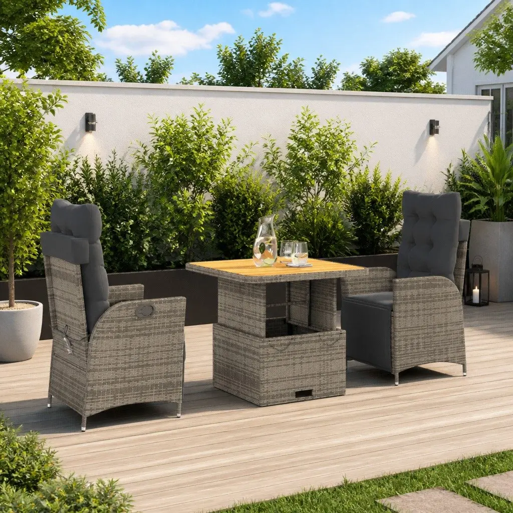 Garden Dining Set 3 Piece Outdoor Furniture Adjustable Table Chair Cushions Grey