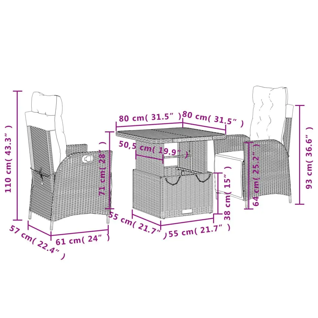 Garden Dining Set 3 Piece Outdoor Furniture Adjustable Table Chair Cushions Grey