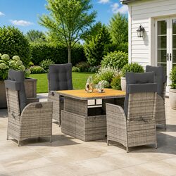 5 Piece Outdoor Dining Set Grey Poly Rattan Garden Furniture with Cushions
