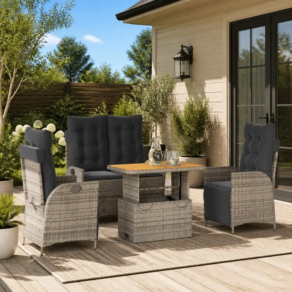 4 Piece Garden Dining Set Adjustable Backrest Lifting Table Grey Cushioned