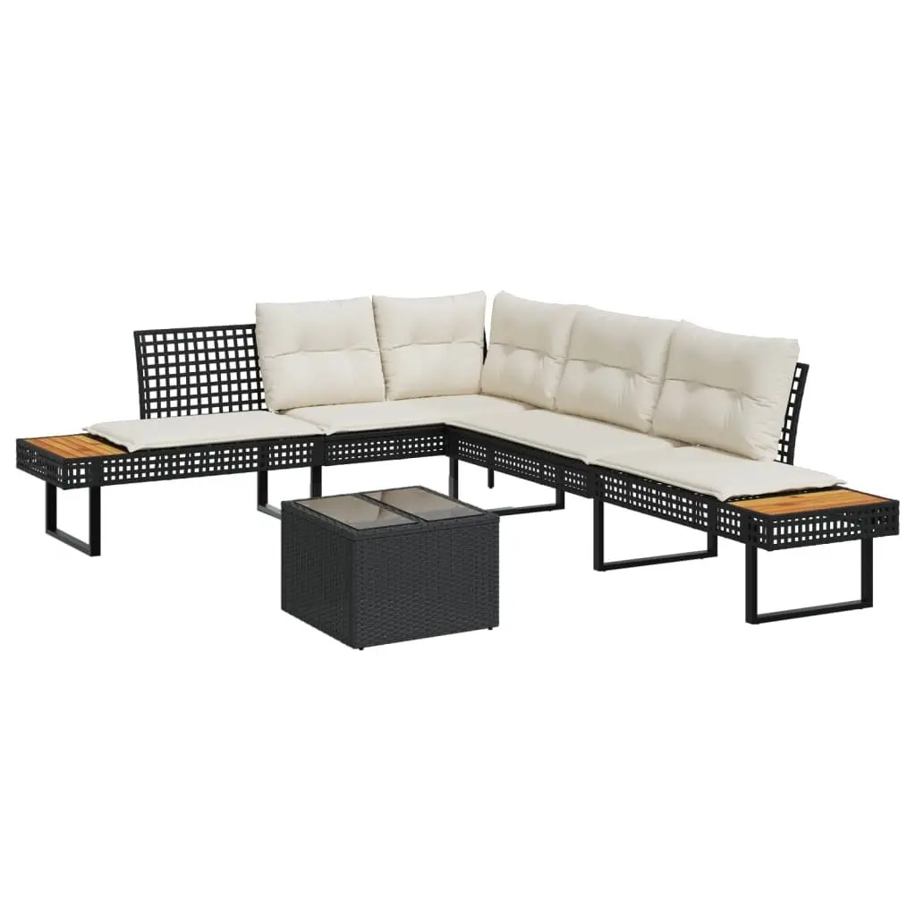 2 Piece Outdoor Garden Sofa Set with Cushions Black Poly Rattan Glass Table