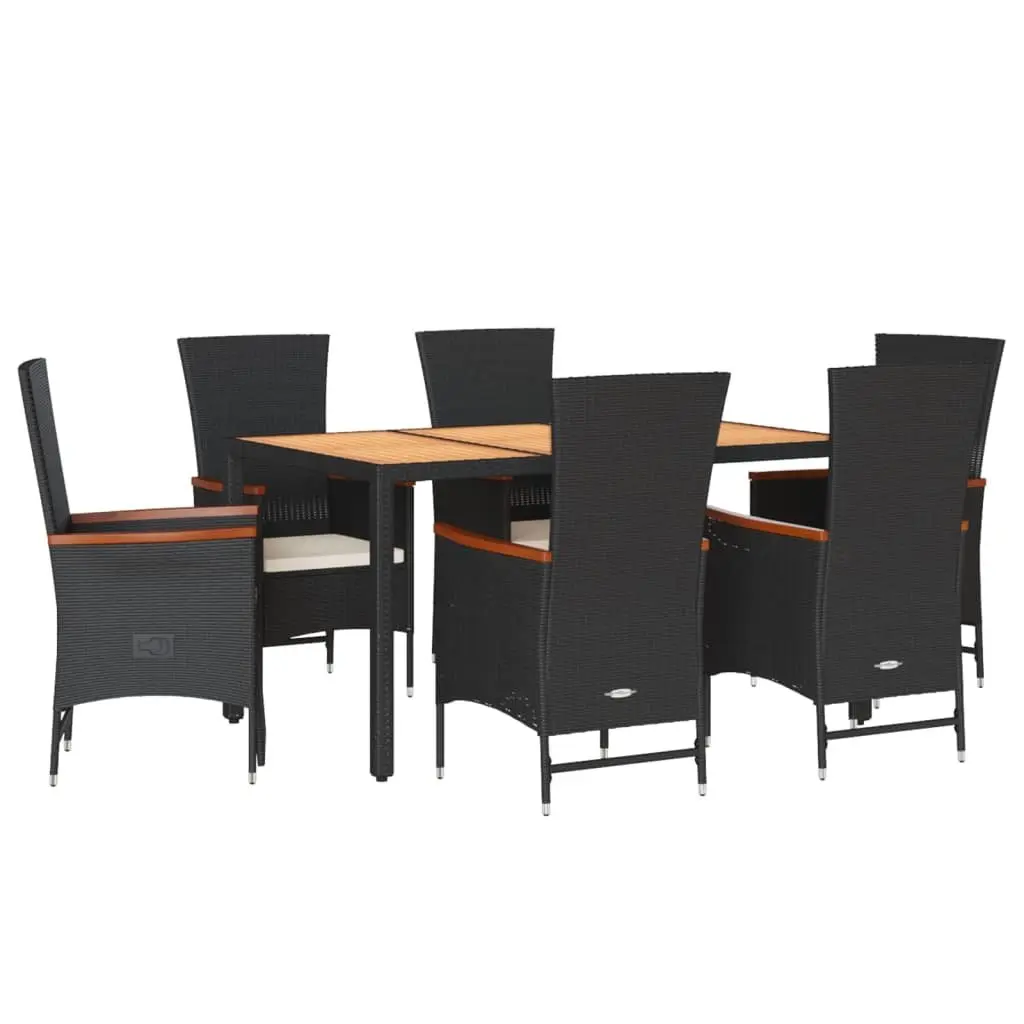 Garden Dining Set Black 7 Piece Outdoor Furniture Poly Rattan Chairs Acacia Wood Table Cushions