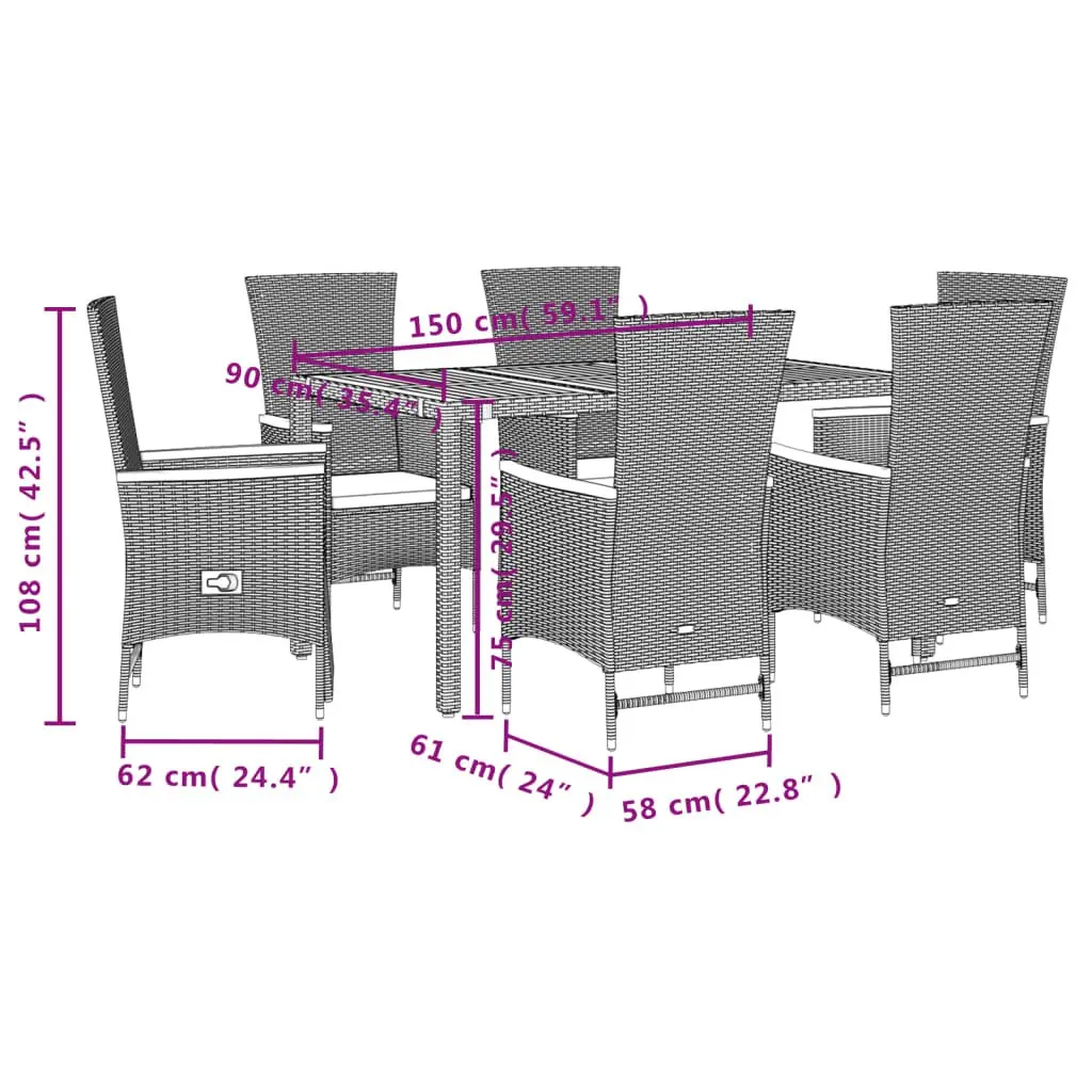 Garden Dining Set Black 7 Piece Outdoor Furniture Poly Rattan Chairs Acacia Wood Table Cushions