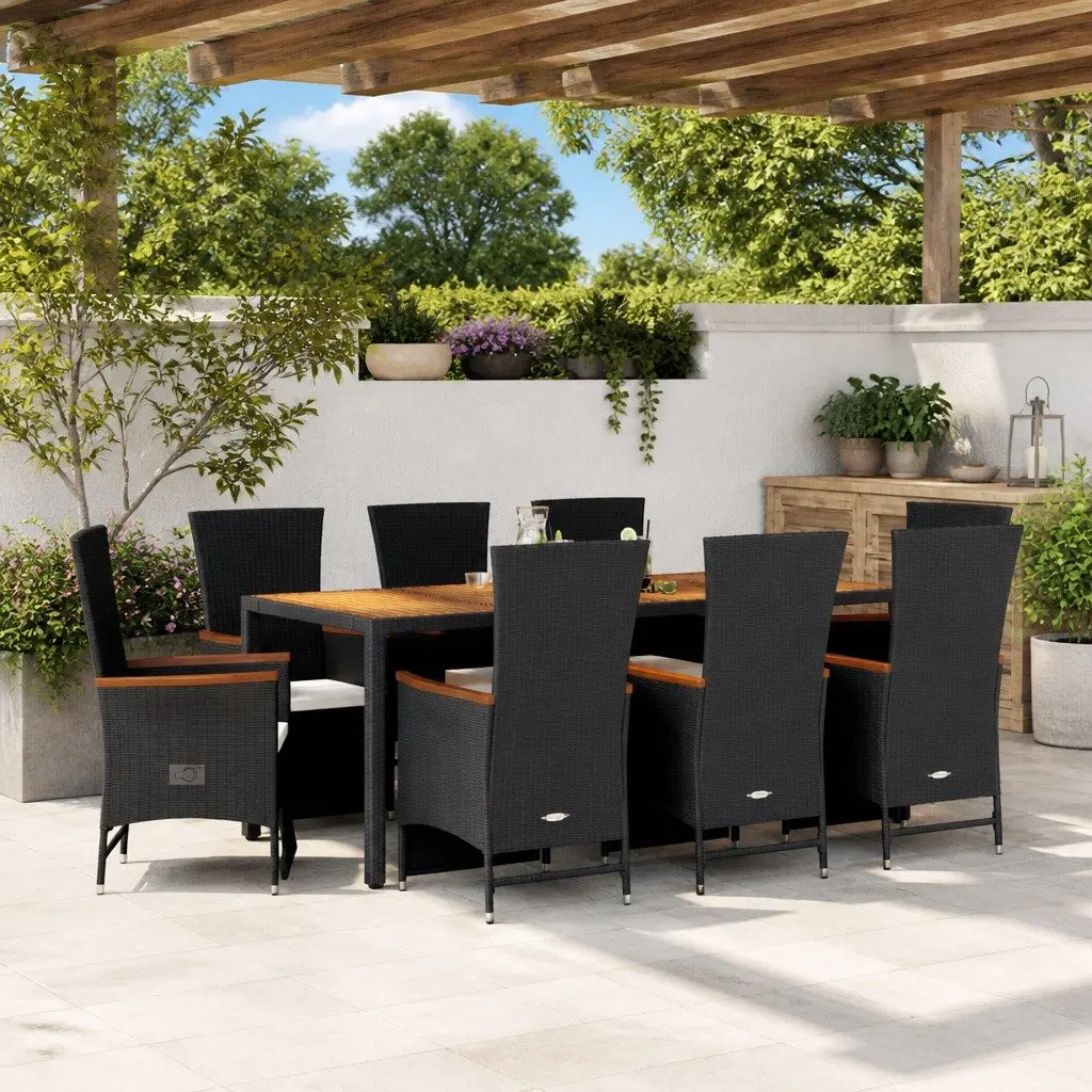Outdoor Dining Set Black 9 Piece PE Rattan Chairs Acacia Wood Table Adjustable Backrest