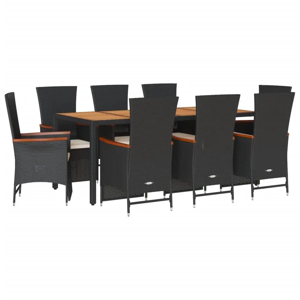 Outdoor Dining Set Black 9 Piece PE Rattan Chairs Acacia Wood Table Adjustable Backrest