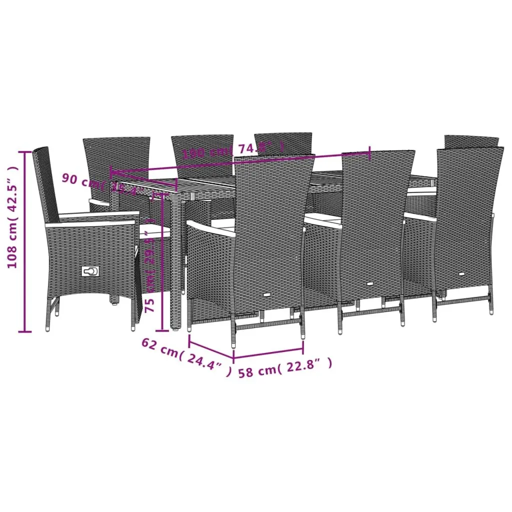 Outdoor Dining Set Black 9 Piece PE Rattan Chairs Acacia Wood Table Adjustable Backrest