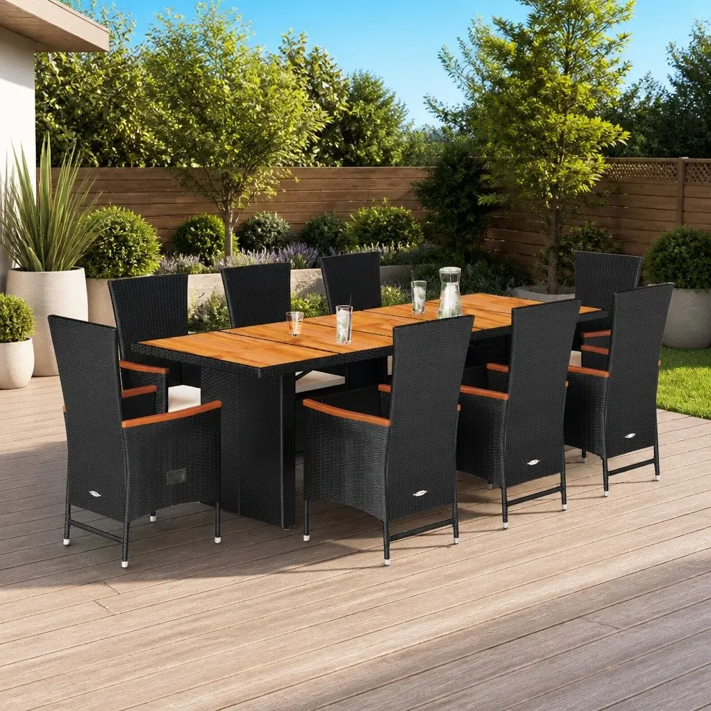 Garden Dining Set Black 9 Piece Poly Rattan Outdoor Furniture with Cushions