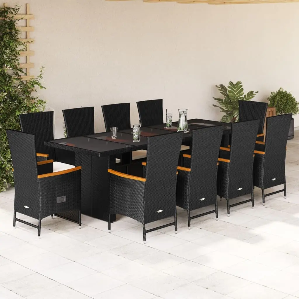 Outdoor Dining Set Black 11 Piece PE Rattan Cushions Tempered Glass Top