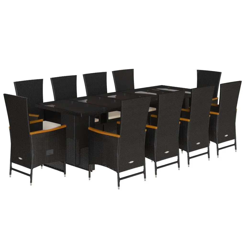 Outdoor Dining Set Black 11 Piece PE Rattan Cushions Tempered Glass Top