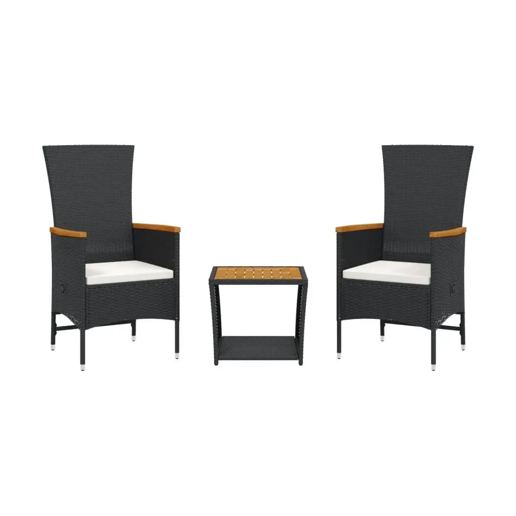 Garden Dining Set 3 Piece Outdoor Furniture Black Poly Rattan Cushions Patio