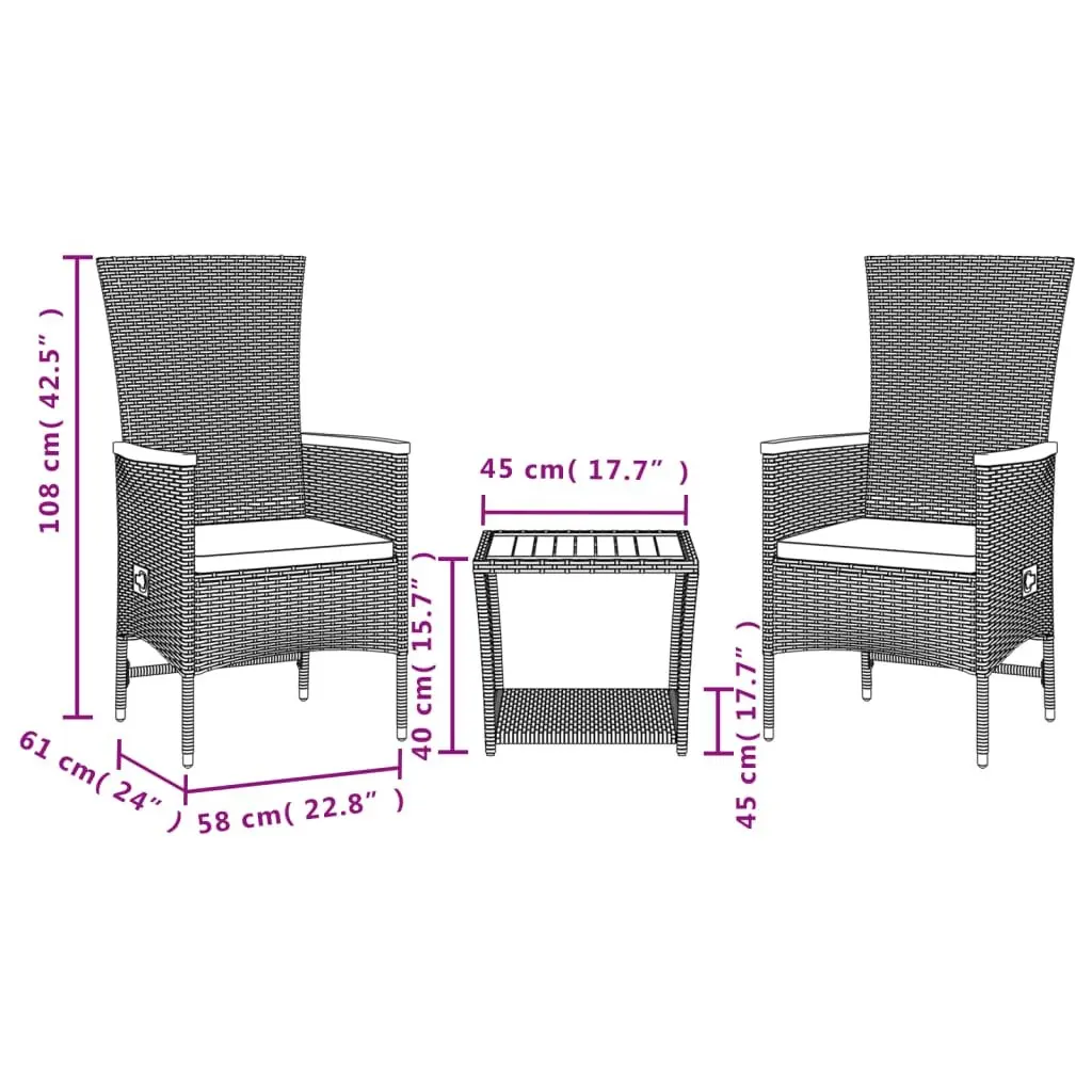 Garden Dining Set 3 Piece Outdoor Furniture Black Poly Rattan Cushions Patio