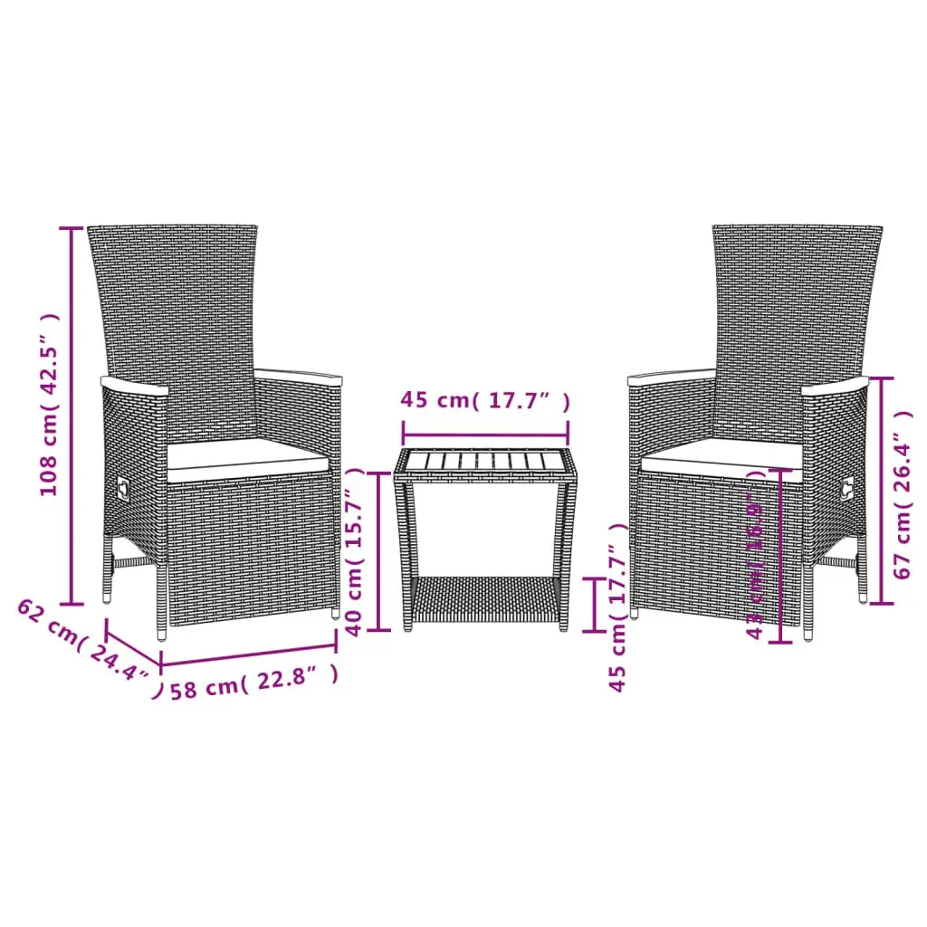 Outdoor Garden Dining Set Black 3 Piece Poly Rattan Furniture with Cushions