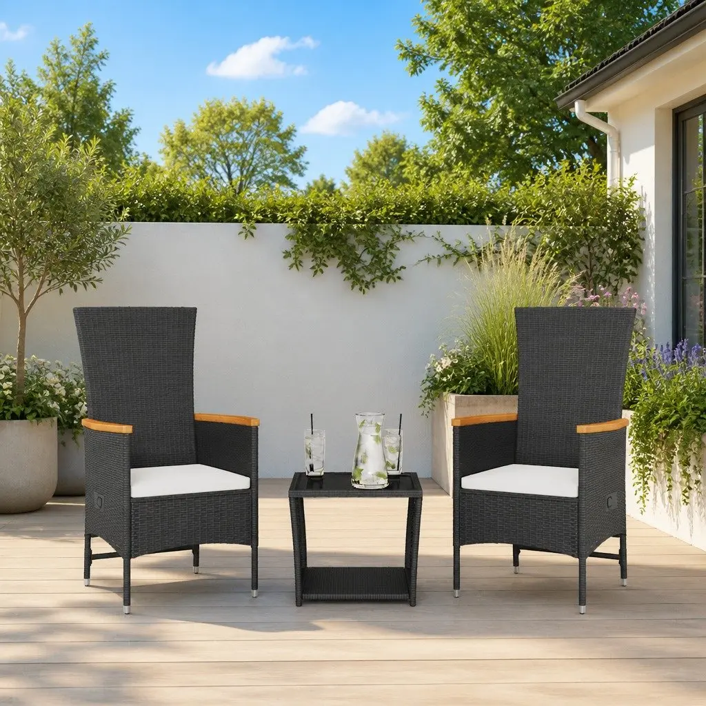 3 Piece Outdoor Dining Set Black PE Rattan Adjustable Backrest Cushions