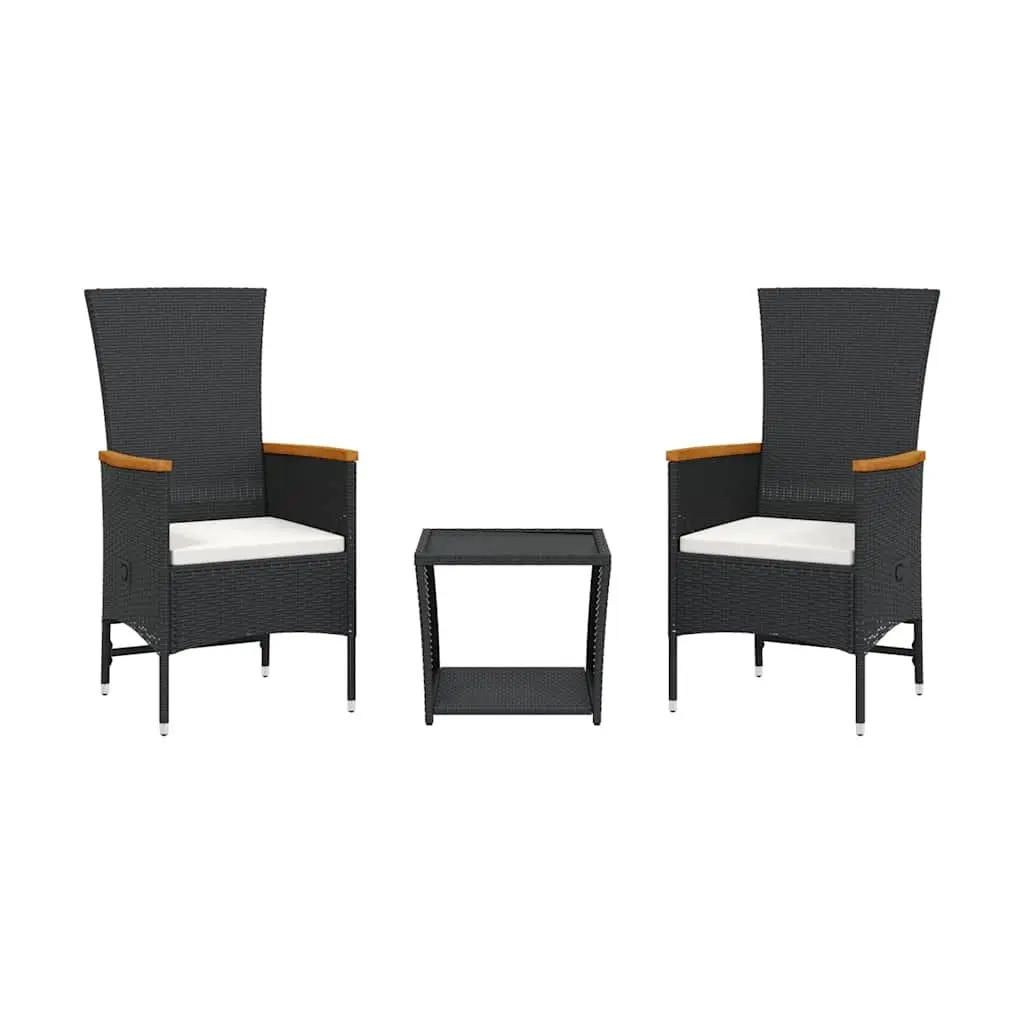 3 Piece Outdoor Dining Set Black PE Rattan Adjustable Backrest Cushions