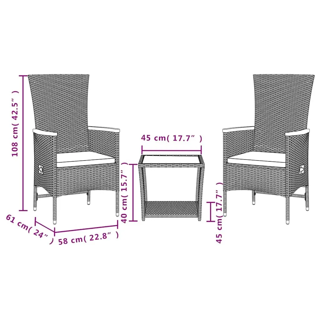 3 Piece Outdoor Dining Set Black PE Rattan Adjustable Backrest Cushions