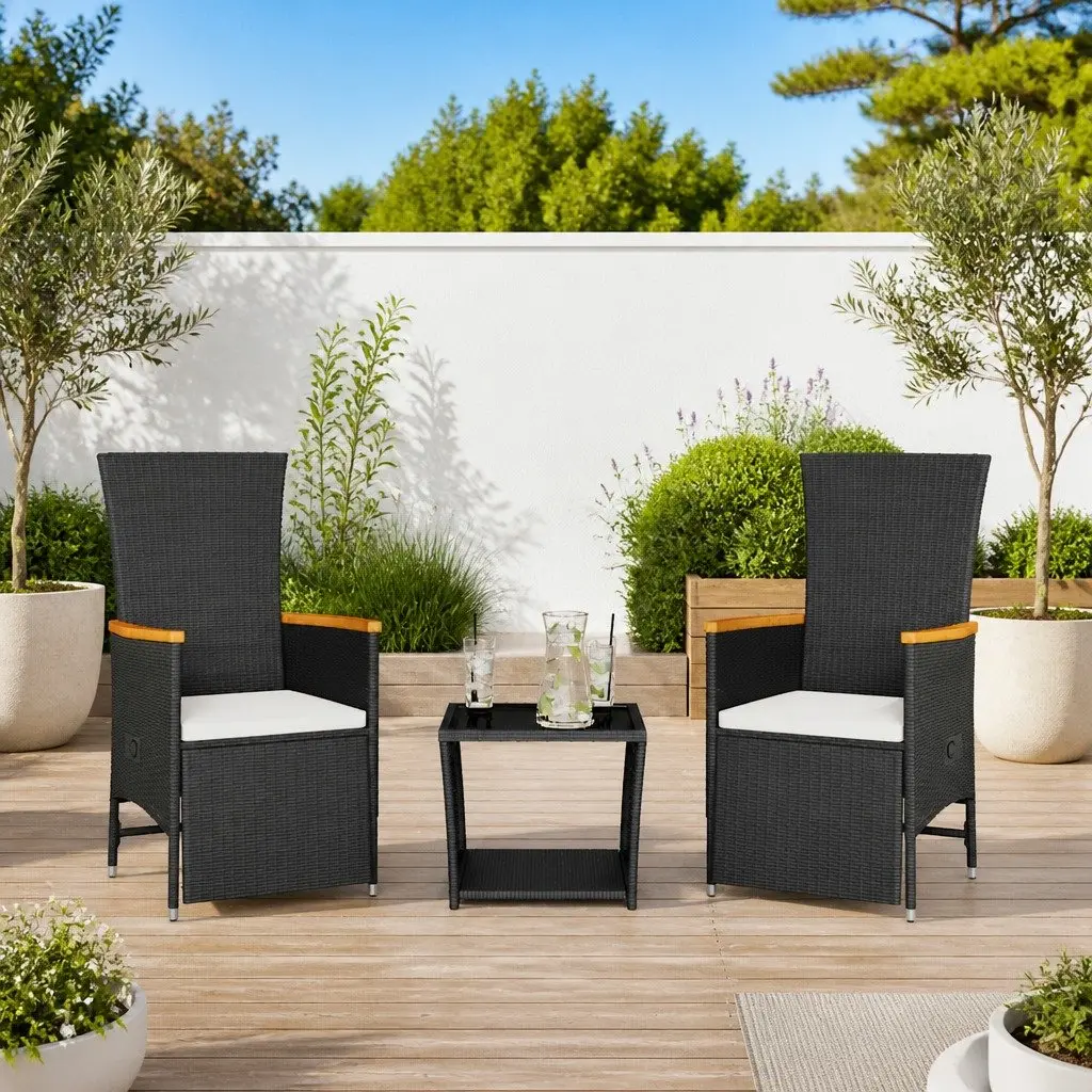 3 Piece Dining Set Outdoor Black Rattan Adjustable Backrest Glass Top