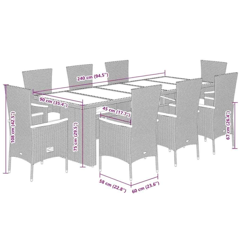 Garden Dining Set 9 Piece Outdoor Furniture Grey Poly Rattan Patio Table Chairs