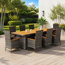 Garden Dining Set 9 Piece Outdoor Furniture Grey Poly Rattan Cushions Patio