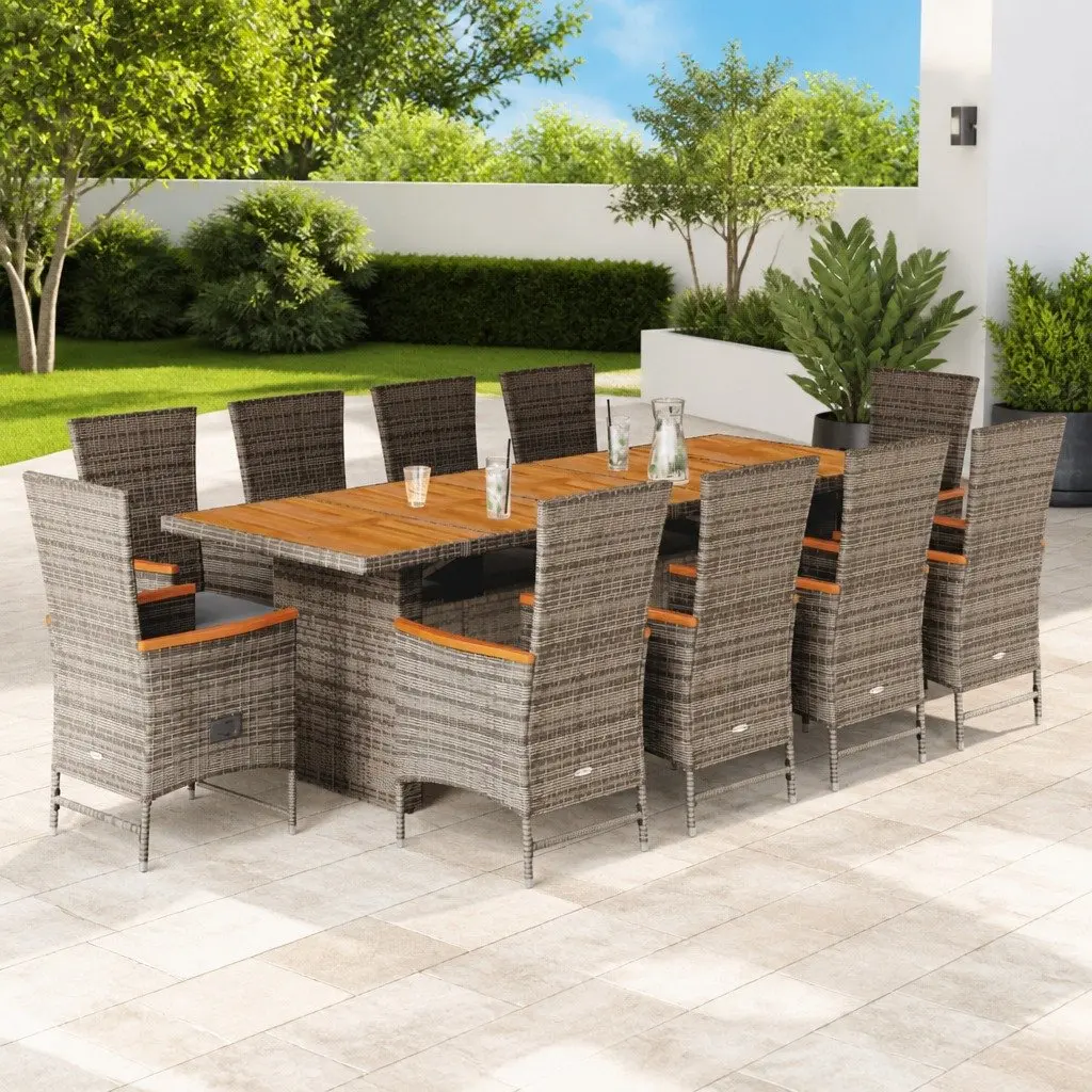 Garden Dining Set 11 Piece Grey Poly Rattan Outdoor Furniture Patio Table Chairs