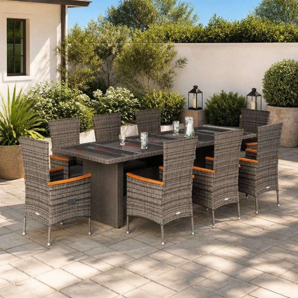 Garden Dining Set Grey 9 Piece Poly Rattan Outdoor Furniture with Cushions