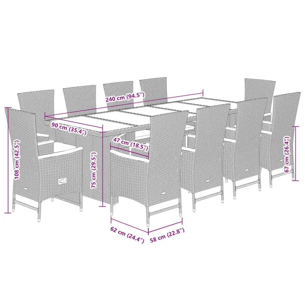 11 Piece Garden Dining Set Grey Poly Rattan Outdoor Furniture Adjustable Backrest Cushions