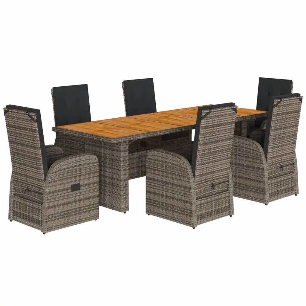 7 Piece Outdoor Dining Set Grey Rattan Furniture Adjustable Backrest Acacia Wood Tabletop Padded Cushions