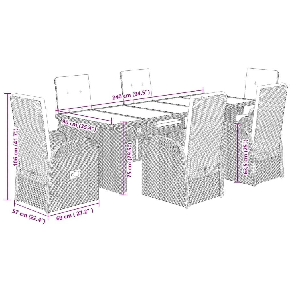 7 Piece Outdoor Dining Set Grey Rattan Furniture Adjustable Backrest Acacia Wood Tabletop Padded Cushions