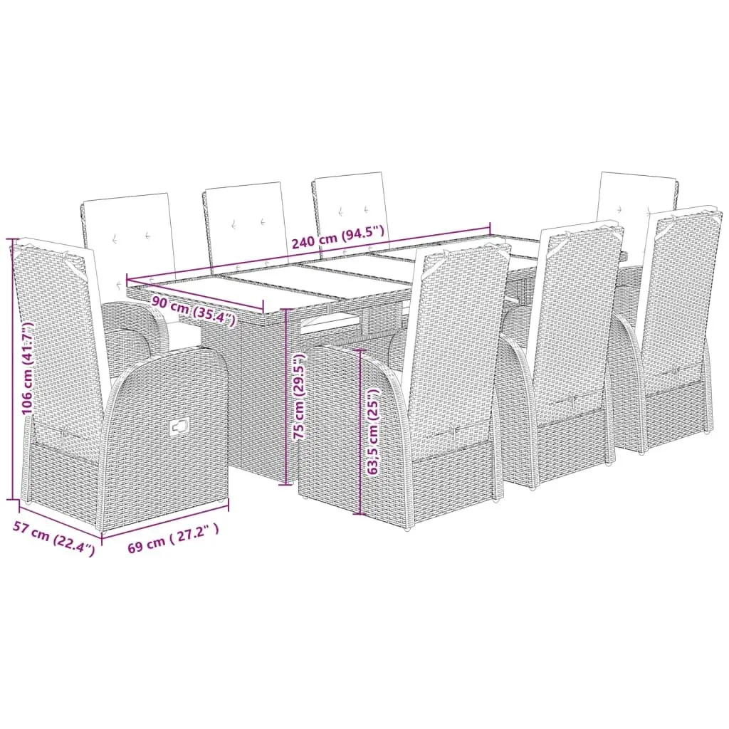 Garden Dining Set 9 Piece Outdoor Patio Furniture Grey Poly Rattan with Cushions