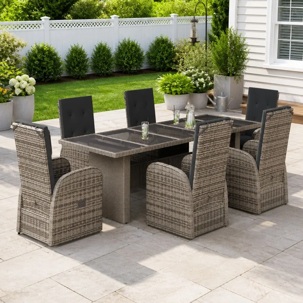 Garden Dining Set Grey 7 Piece Outdoor Furniture Poly Rattan Adjustable Backrest