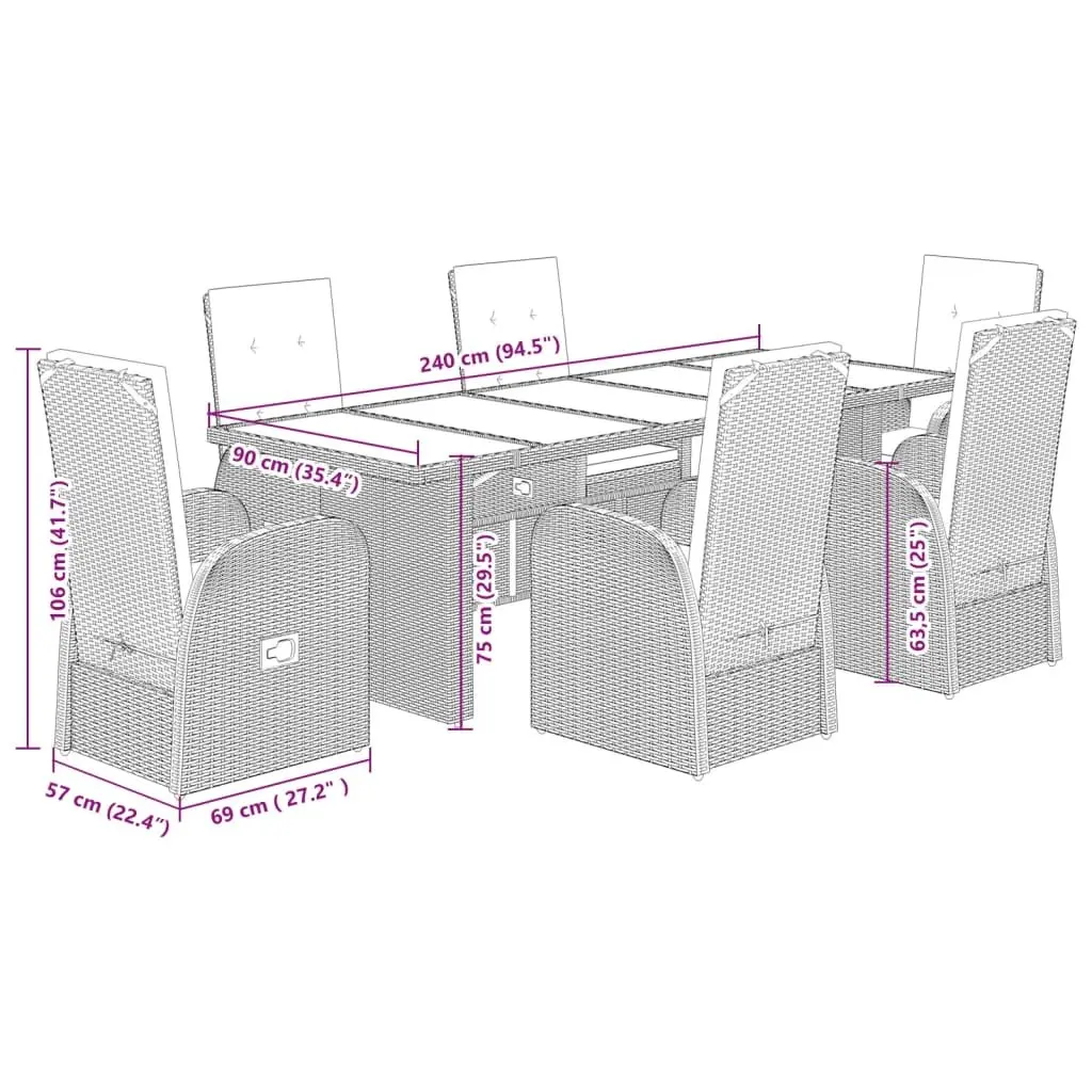Garden Dining Set Grey 7 Piece Outdoor Furniture Poly Rattan Adjustable Backrest